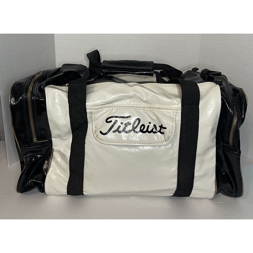 Titleist Vintage Black White Leather Golf Bag Duffle Weekend Zip Carry All